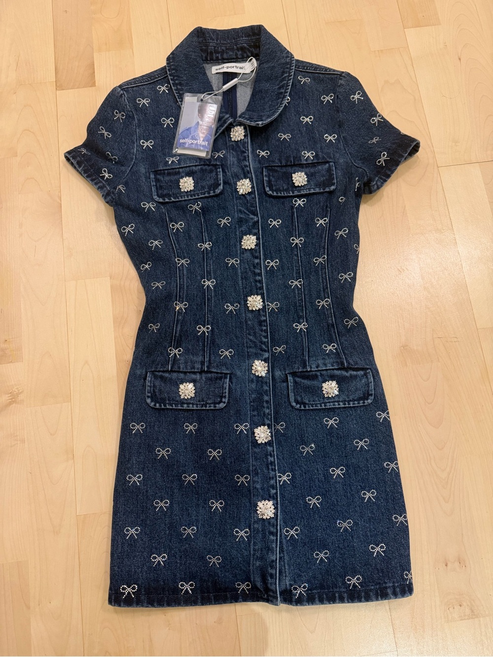 BNWT Self-Portrait Embroidered Bow Denim Mini Dress Size 4